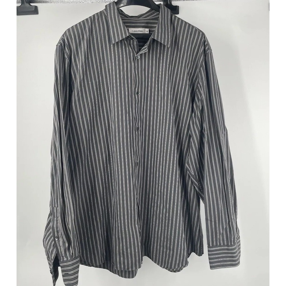Calvin Klein Mens Striped Long Sleeve Casual Button Up Shirt 2XL XXL Grey Black